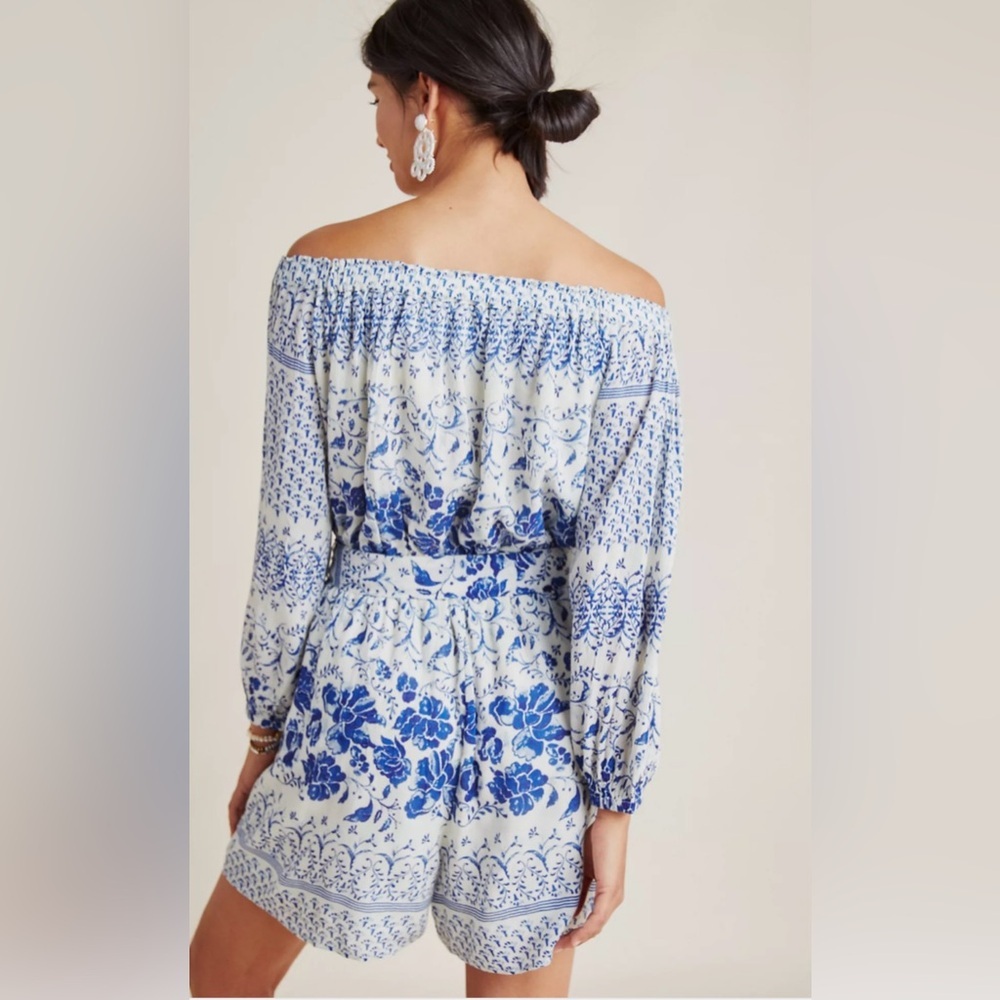 Anthropologie Women's Clemente Off the Shoulder Floral Romper Blue XSmall - Picture 2 of 11